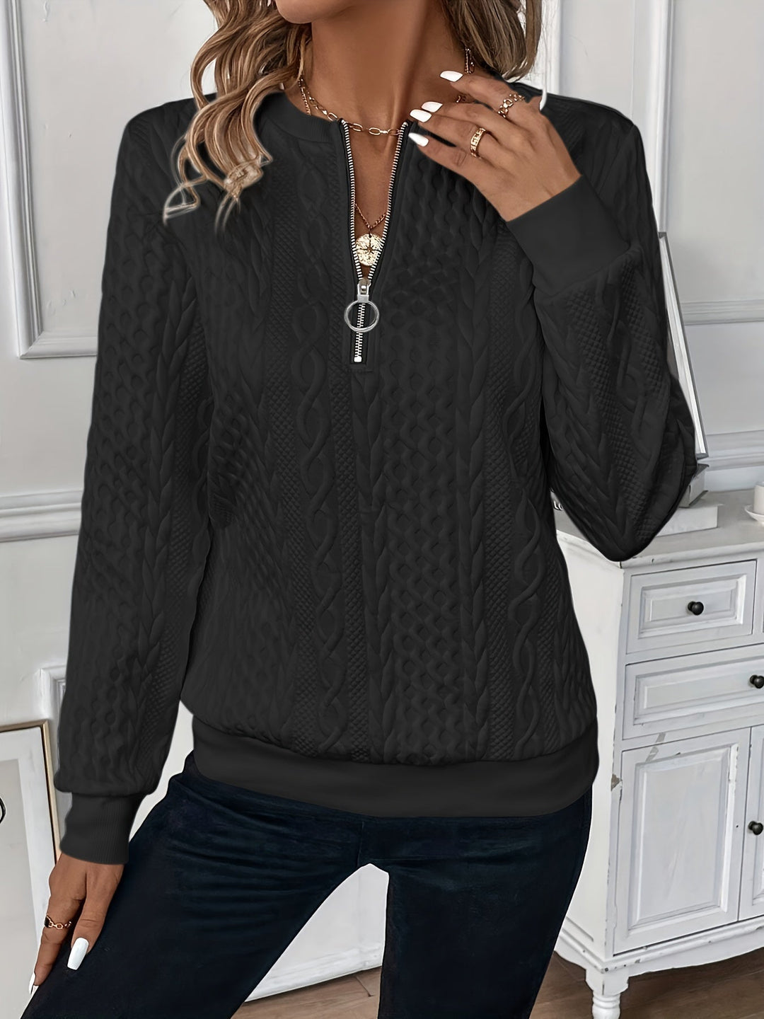 SADIE - CABLE KNIT HALF ZIP SWEATER