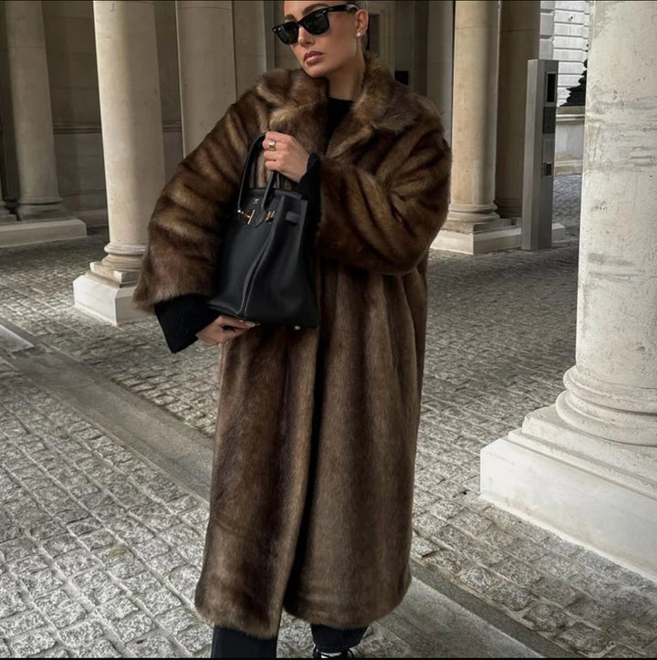 MOCHA LONG FAUX FUR COAT