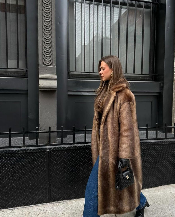 MOCHA LONG FAUX FUR COAT