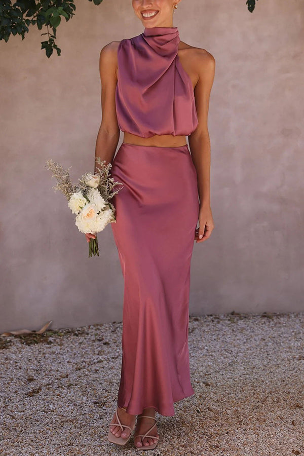 LUCIA - HALTER NECK SATIN DRESS SET